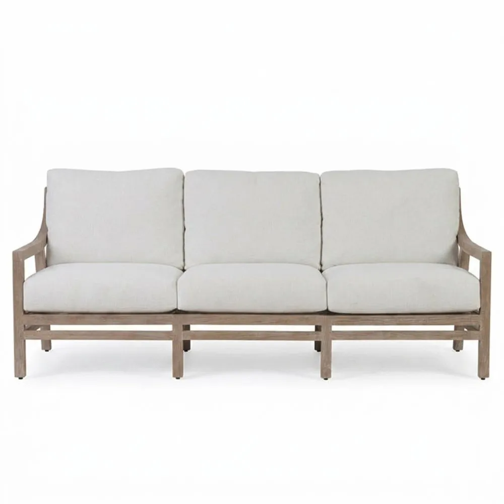 Sofá blanco de tres plazas con madera de acacia y cojines de fibra de poliéster