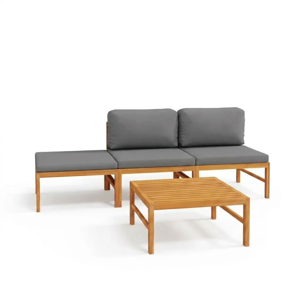 Conjunto de muebles de jardín de madera de acacia con alfombra de fibra de poliéster gris