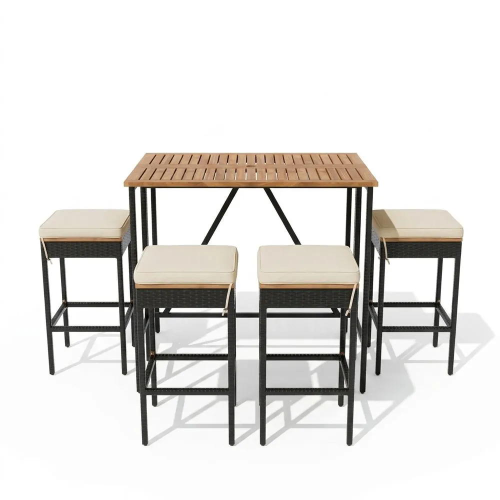 Conjunto de mesa y sillas de comedor para exteriores con tablero de madera de acacia y sillas de ratán sintético