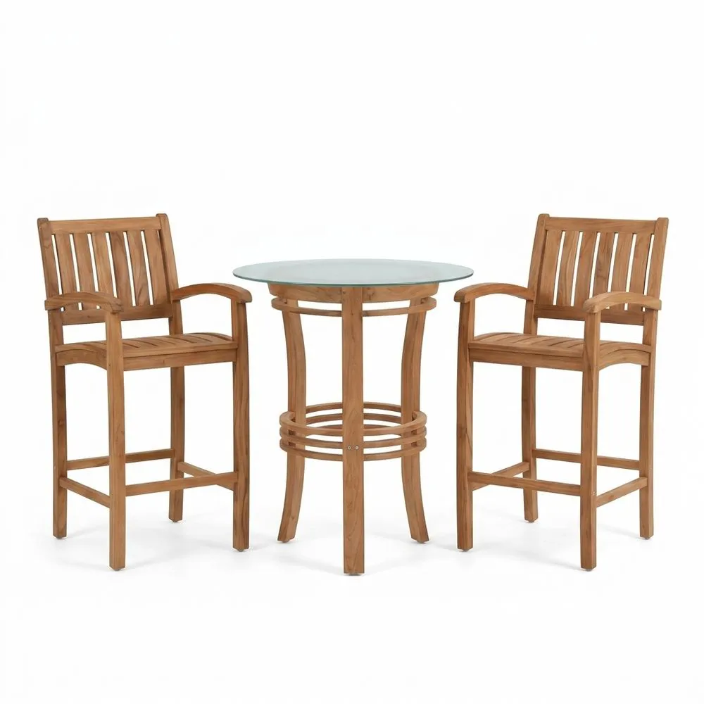 Conjunto de mesa y sillas de bar de madera de acacia con cristal templado