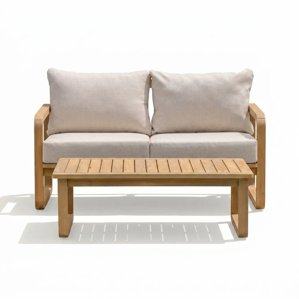 Conjunto de sofá y mesa de teca para exteriores con cojines de poliéster beige
