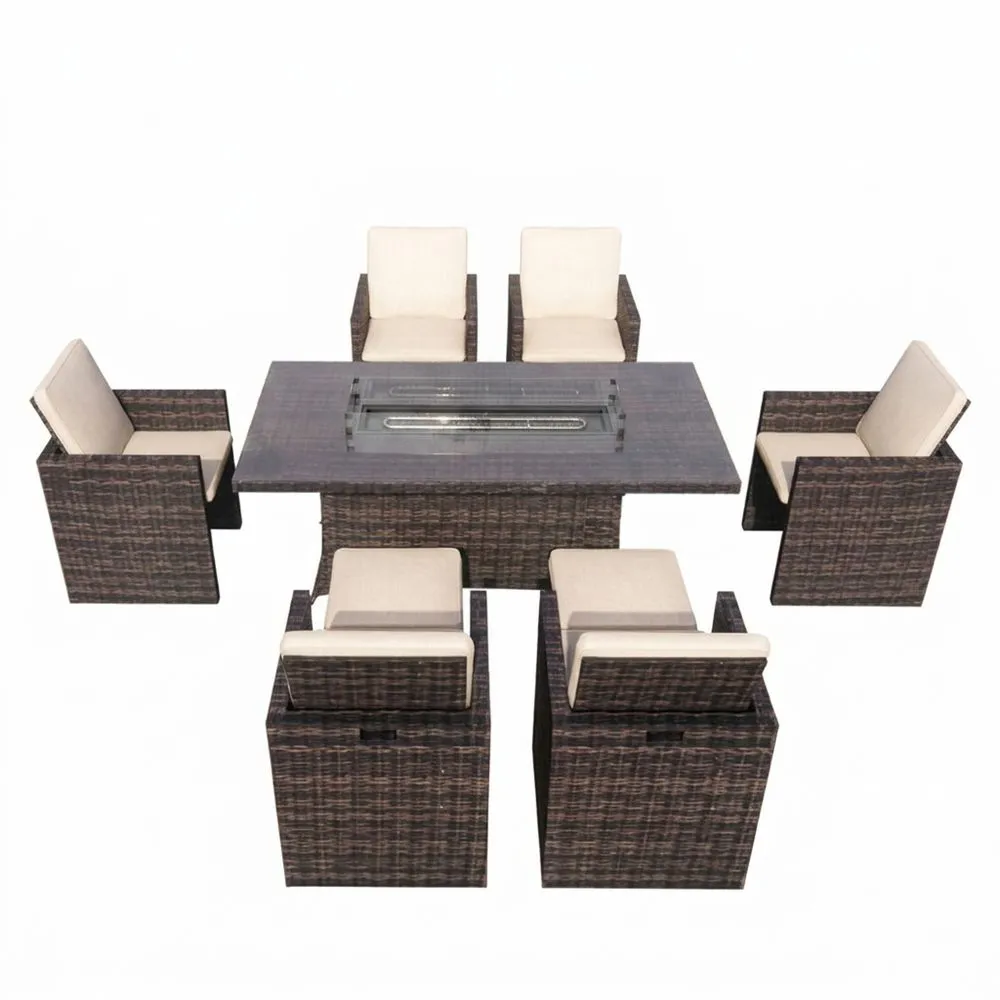 Conjunto de Muebles de Jardín de Ratán y Aluminio con 6 Sillas y Mesa Marrón/Crema