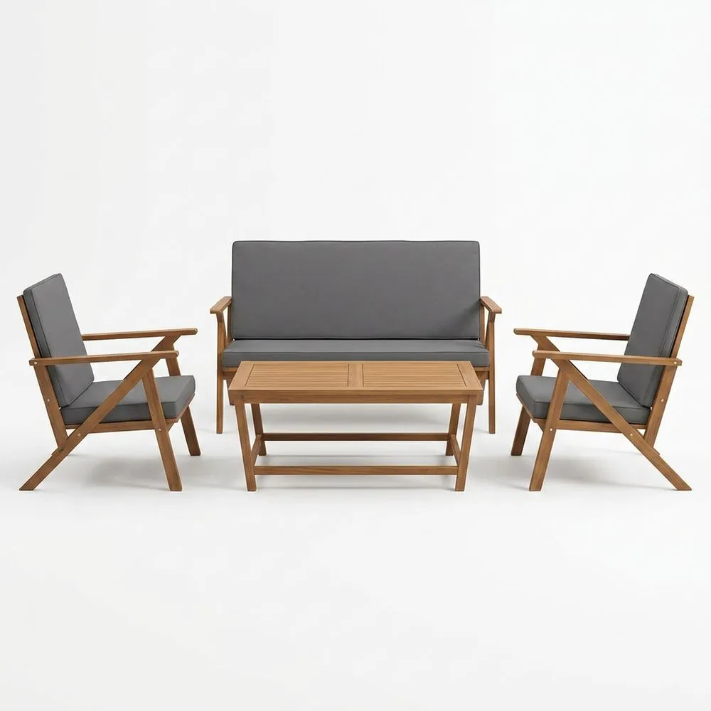 Conjunto de muebles de jardín de madera de acacia con cojines de fibra de poliéster gris