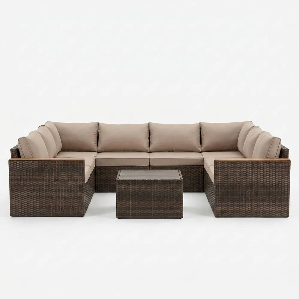 Conjunto de sofás de jardín de ratán sintético marrón con cojines de poliéster beige (7 piezas)