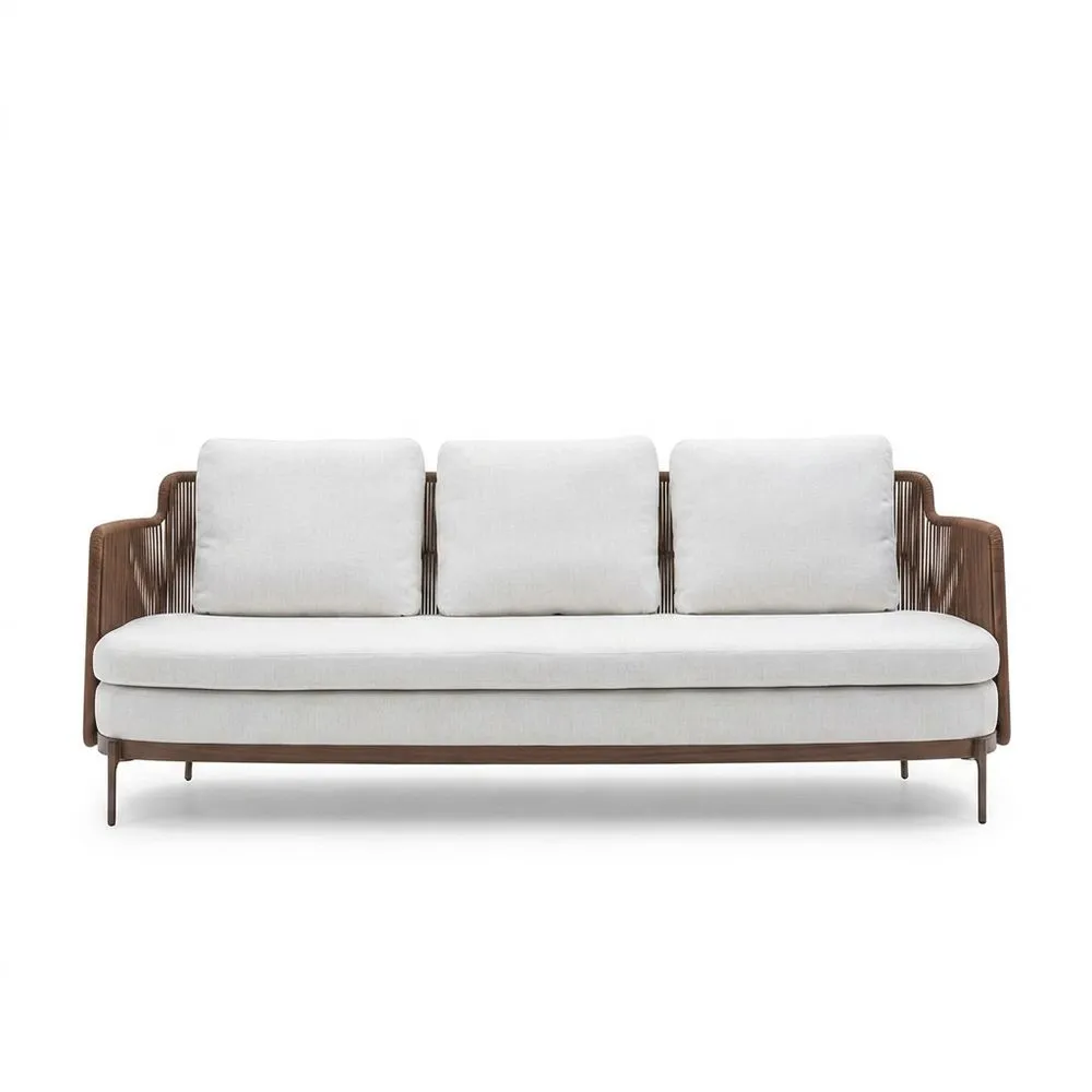 Sofá beige de tres plazas con patas de madera maciza y acero 230cm