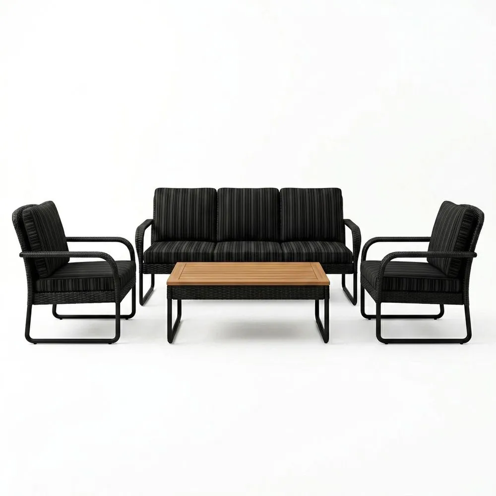 Conjunto de muebles de exterior negros con almohadillas de fibra de poliéster