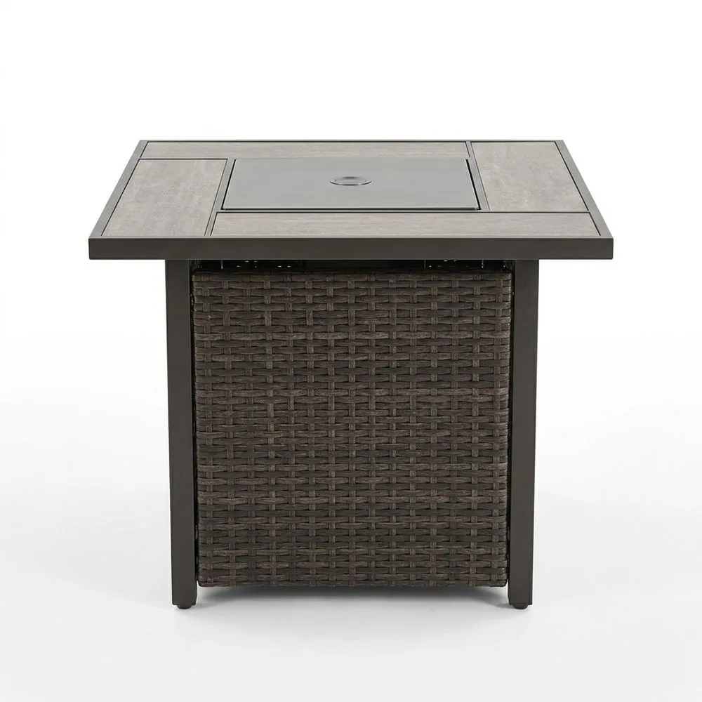 Mesa de fuego cuadrada para exteriores aluminio/mimbre marrón 81cm x 81cm x 71cm