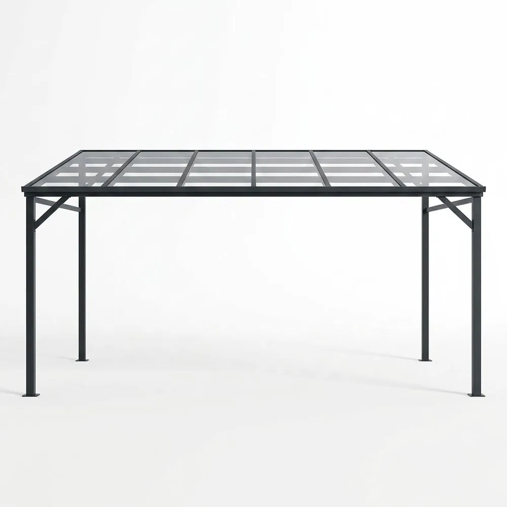 Pérgola de acero negro con techo de vidrio templado