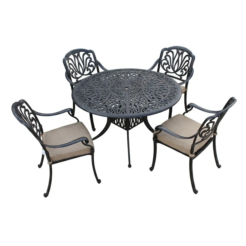 Conjunto de mesa y sillas de exterior de aluminio fundido con cojín de fibra de poliéster beige