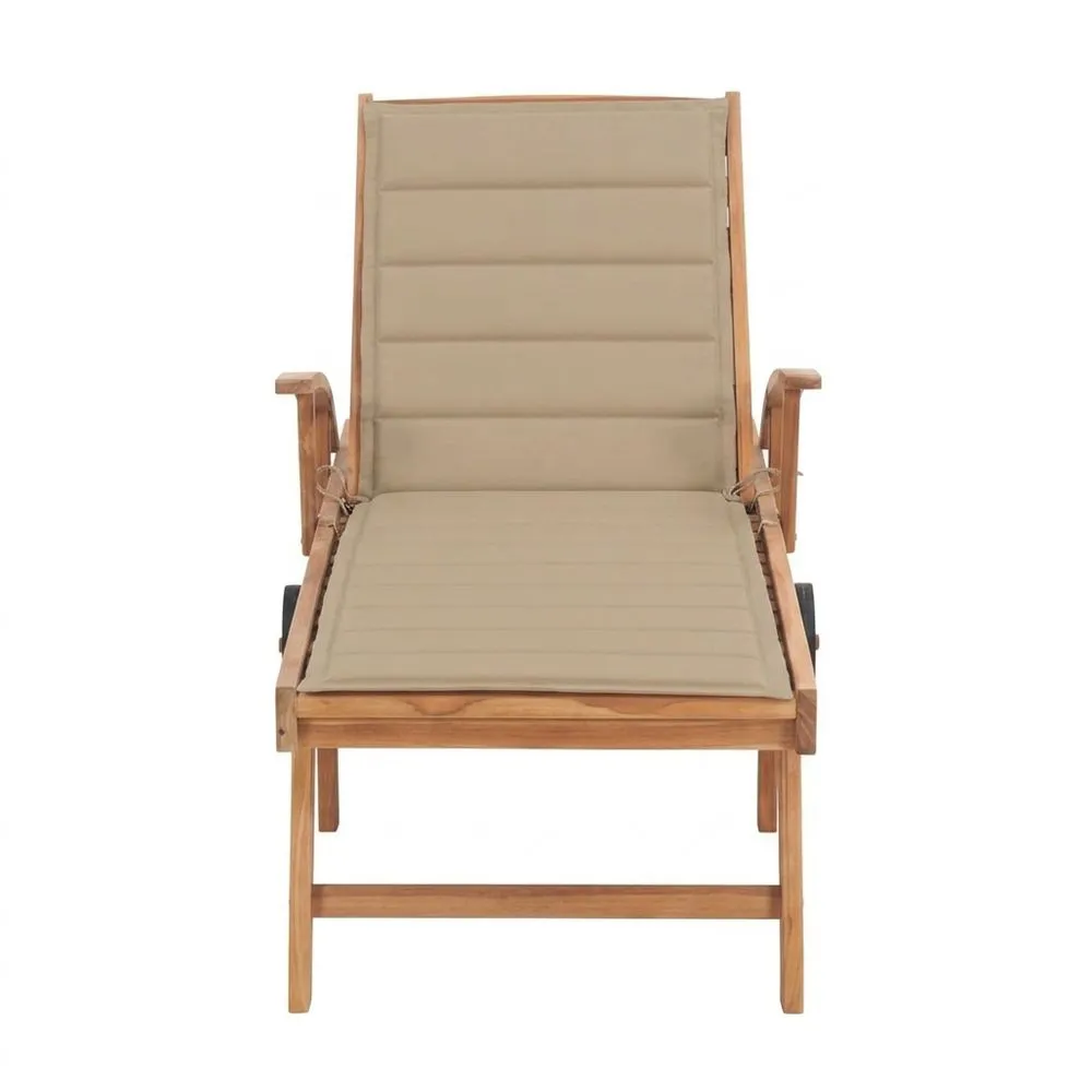 Tumbona de teca con cojines de tela de poliéster beige 200x60x35 cm