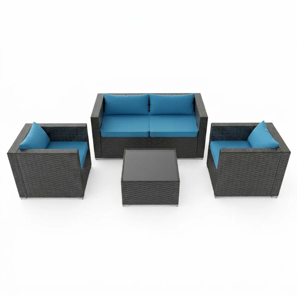 Conjunto de Muebles de Jardín Ratán Sintético con Cojines de Poliéster Gris y Azul