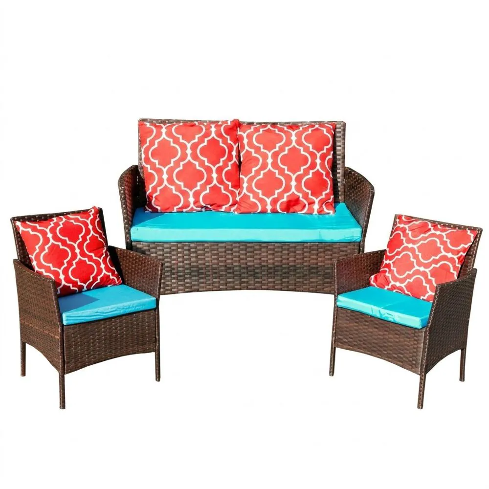 Conjunto de muebles de jardín de mimbre sintético con cojines rojos y azules