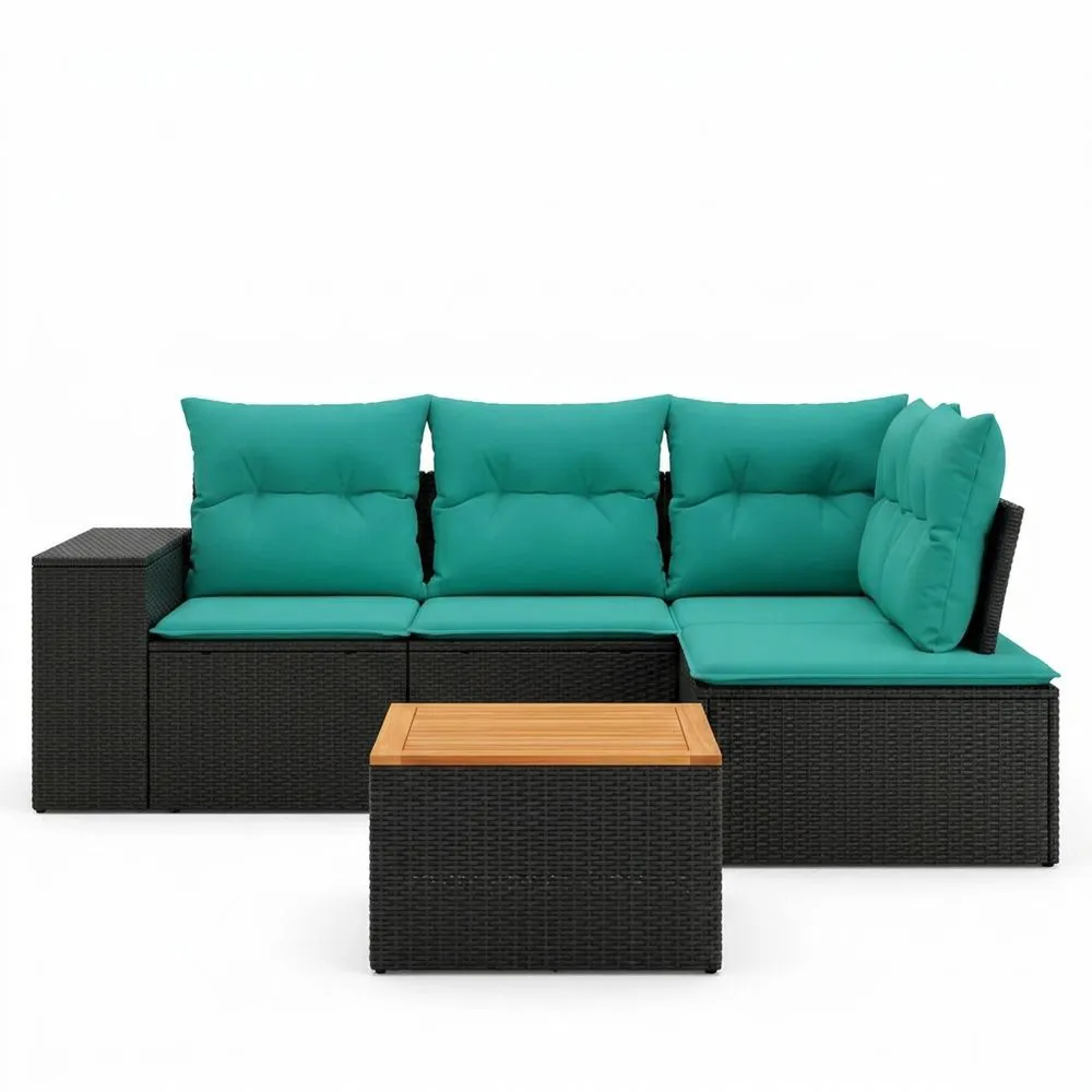 Conjunto de muebles de exterior de ratán artificial con cojines verde lago y mesa de centro de teca
