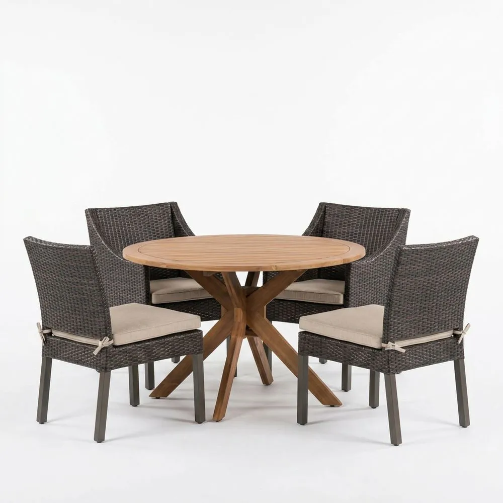 Conjunto de mesa y sillas redondas de ratán y teca para exteriores
