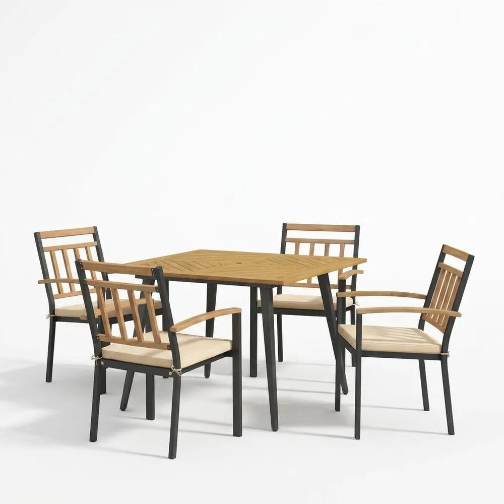 Conjunto de mesa y sillas cuadradas de teca y aluminio para exteriores con cojines