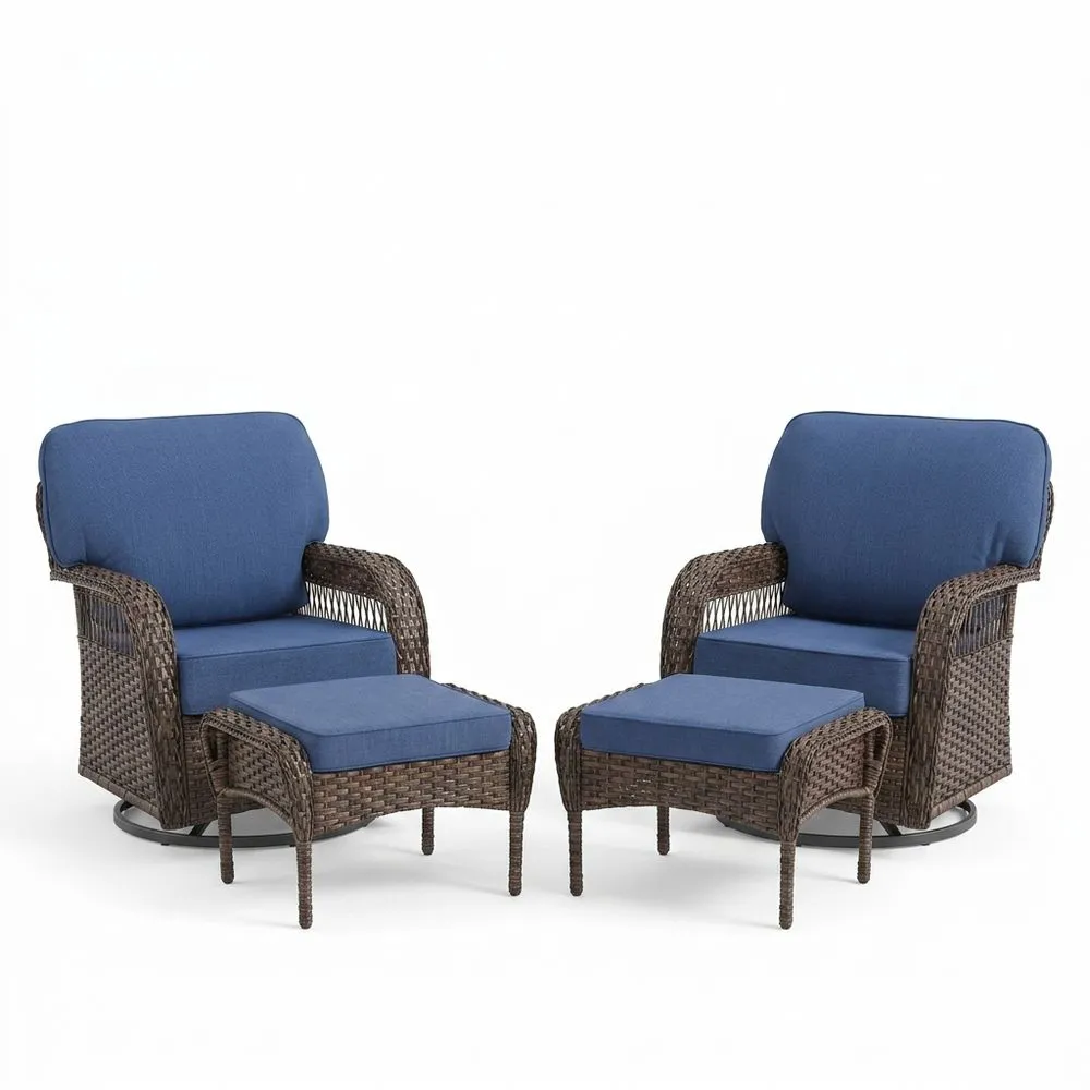 Conjunto de 2 Sillas y Reposapiés de Ratán Sintético Azul