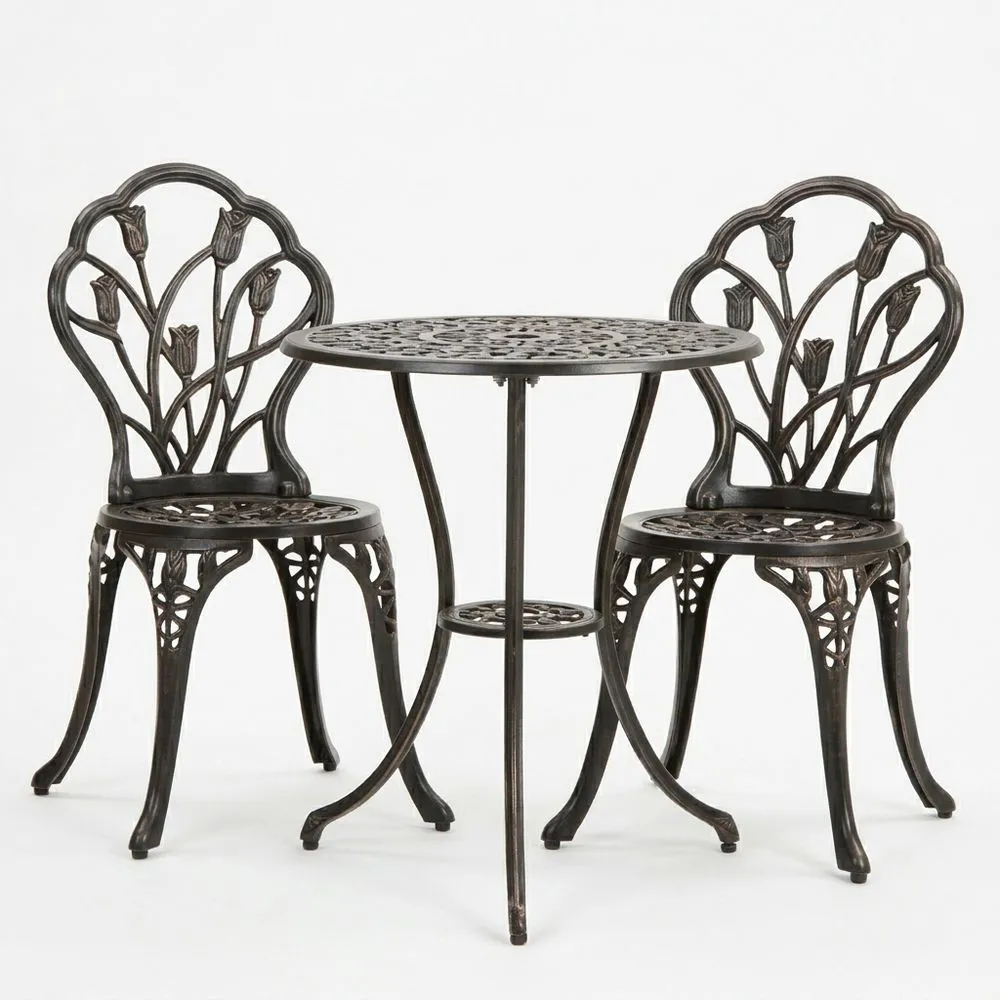 Juego de mesa y sillas de jardín de aluminio con diseño floral