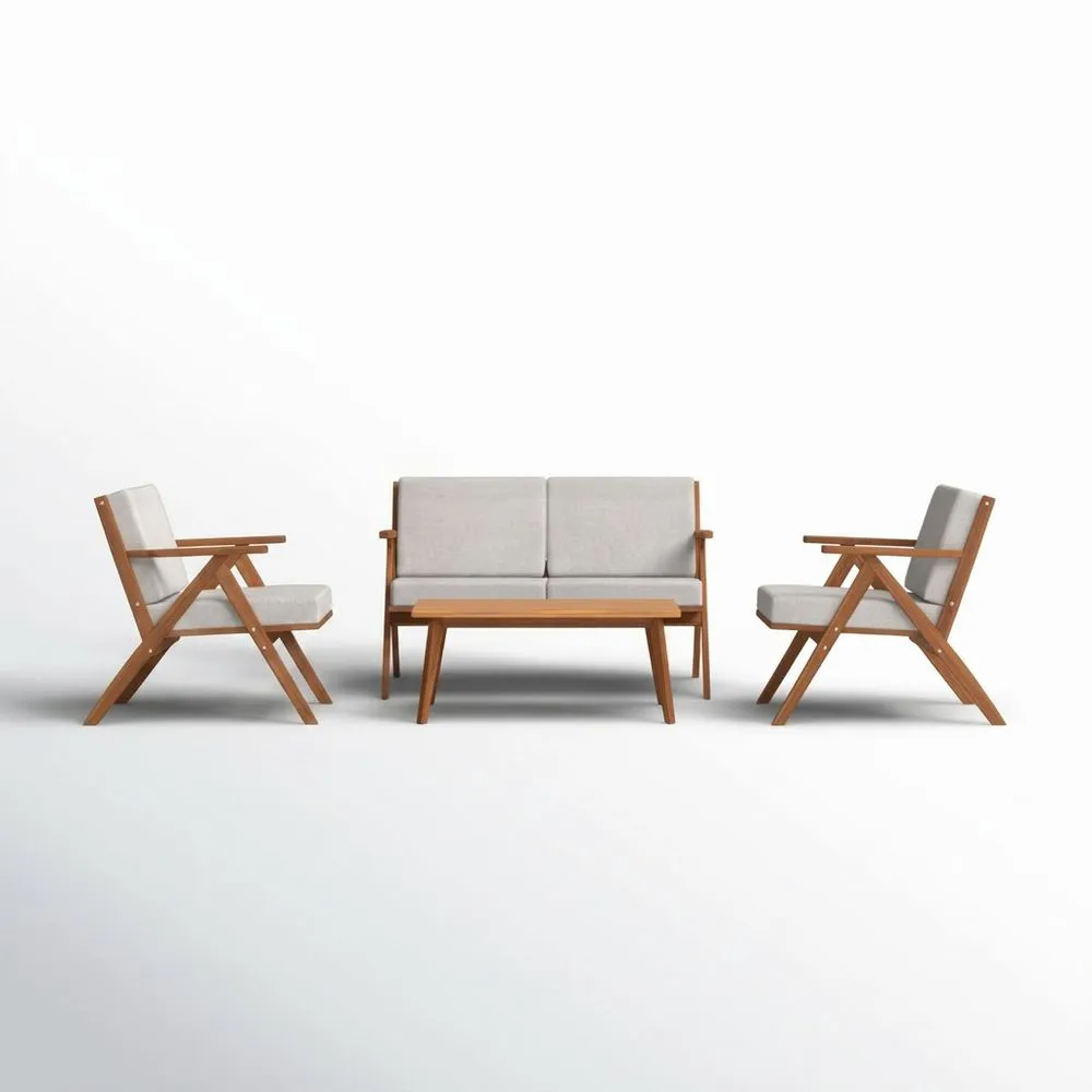 Conjunto de muebles de jardín, madera de acacia, color beige, sofá gris, sillón, mesa