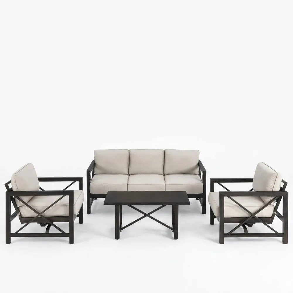 Conjunto de Sofás de Exterior de Aluminio con Cojines de Poliéster Beige y Mesa