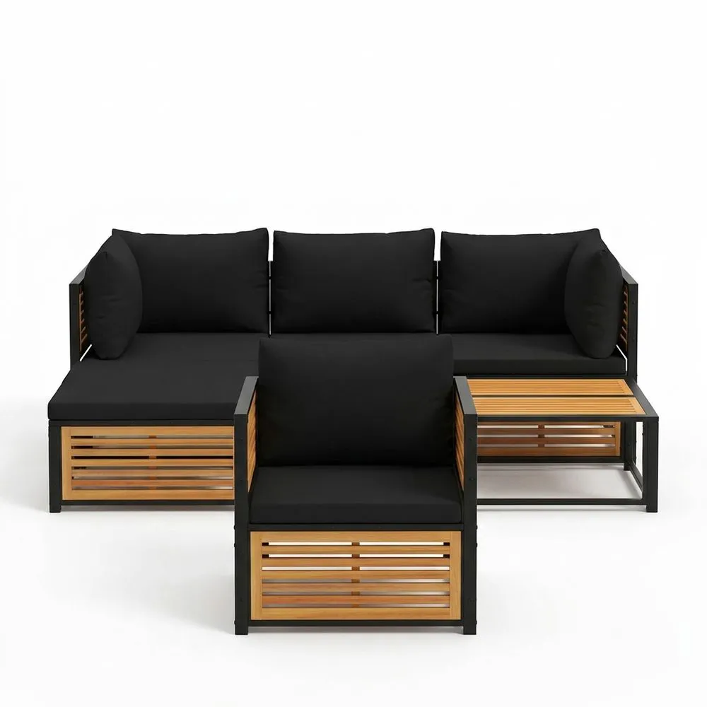 Conjunto de sofás de exterior de poliéster negro con estructura de madera de acacia y acero con recubrimiento en polvo