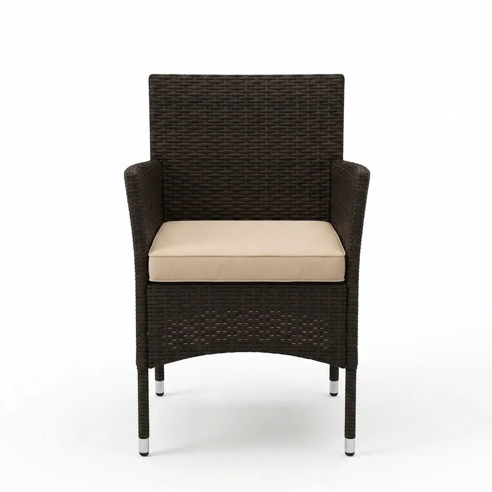 Silla de jardín de ratán marrón con cojín de poliéster beige