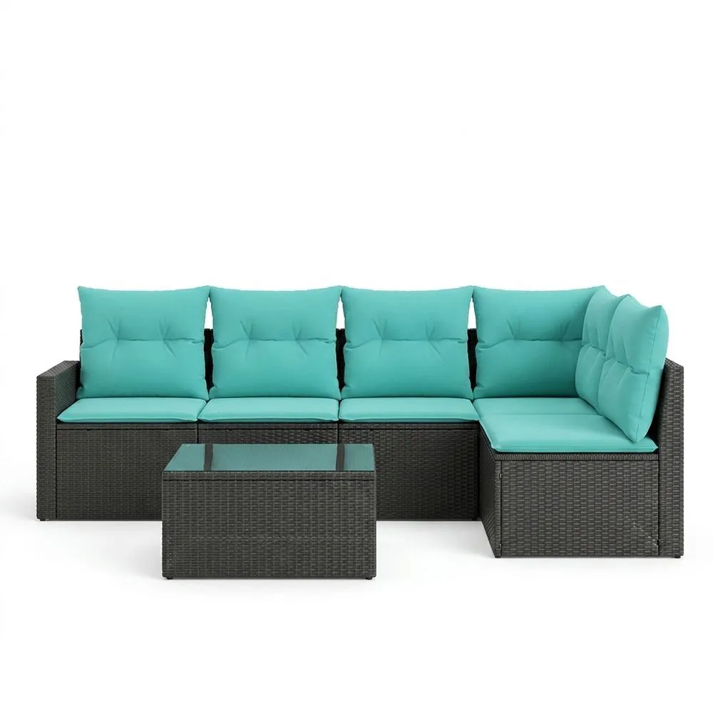 Conjunto de Sofá Modular de Ratán Sintético con Cojines Turquesa y Mesa de Vidrio