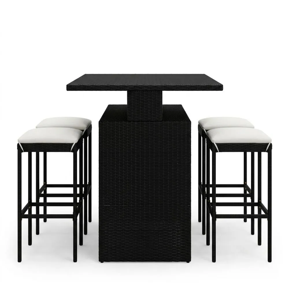 Conjunto de mesa y sillas de ratán sintético negro con cojines de fibra de poliéster blanco
