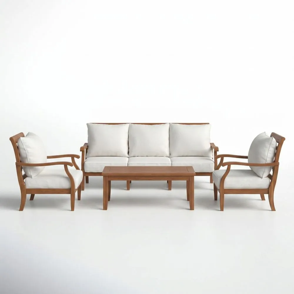 Conjunto de sofá y sillón de madera maciza de teca con cojines de fibra de poliéster blanca