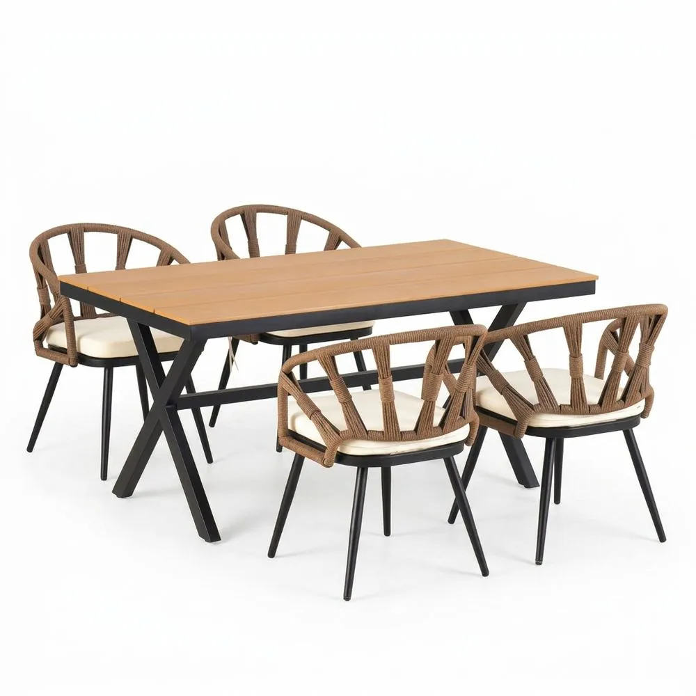 Conjunto de comedor para exteriores: mesa de madera compuesta negra con sillas de acero y cuerda de color beige