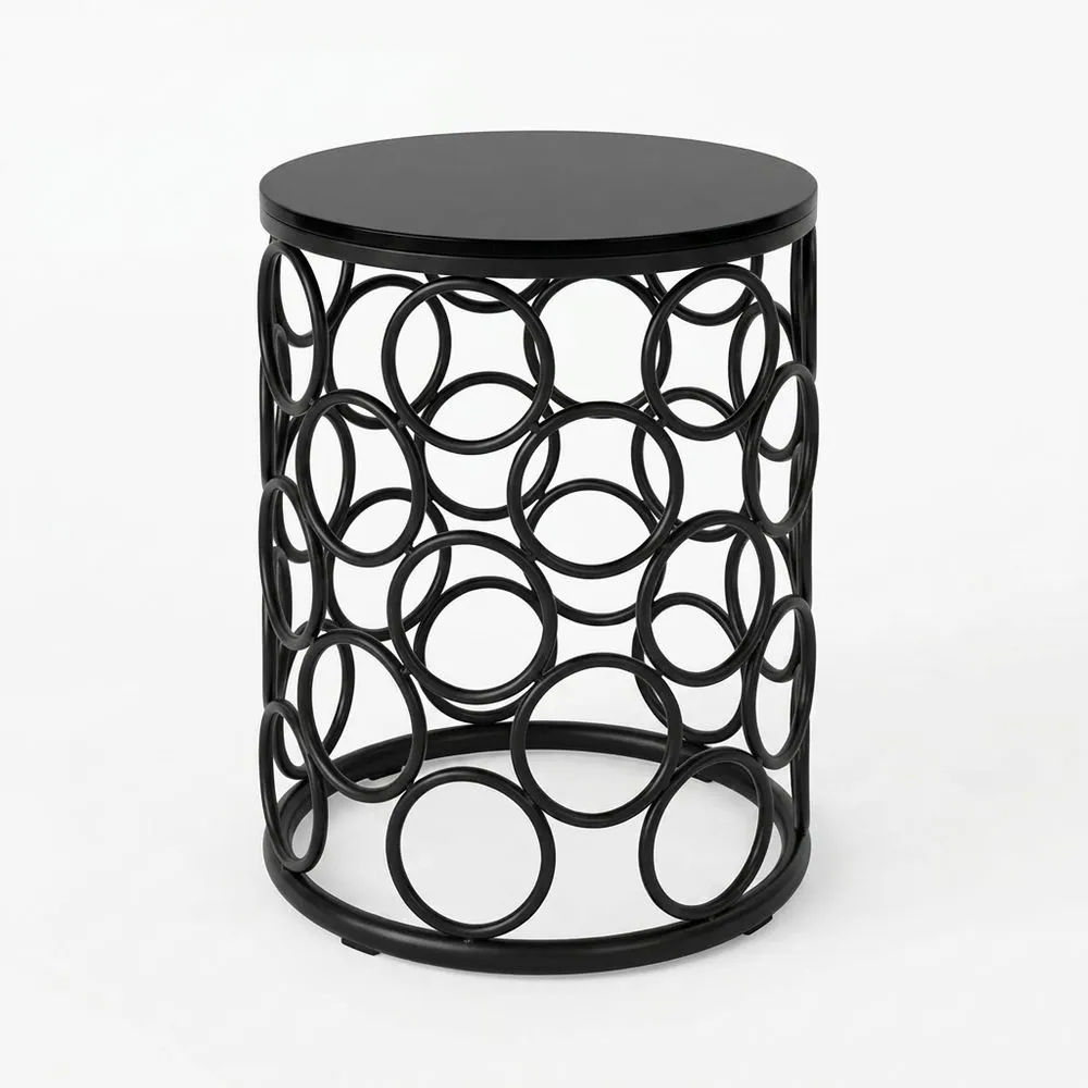 Mesa auxiliar redonda de acero negro y MDF, 45 cm