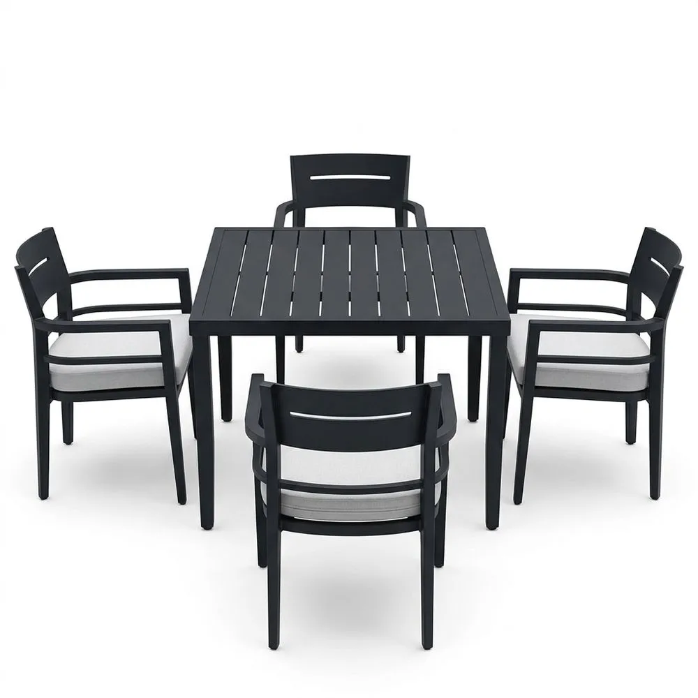 Juego de comedor de aluminio negro con 4 sillas y cojines de tela de poliéster gris