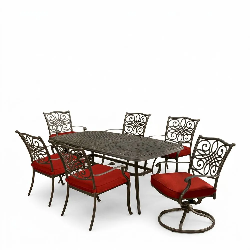 Juego de comedor de exterior de aleación de aluminio con cojines rojos, mesa marrón rectangular 152cm con 6 sillas