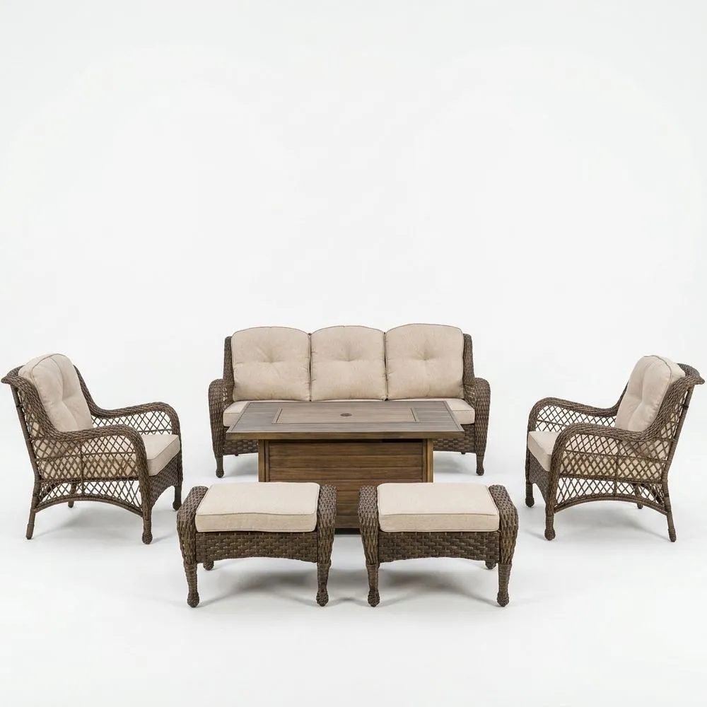 Conjunto de jardín de ratán sintético marrón con cojines beige