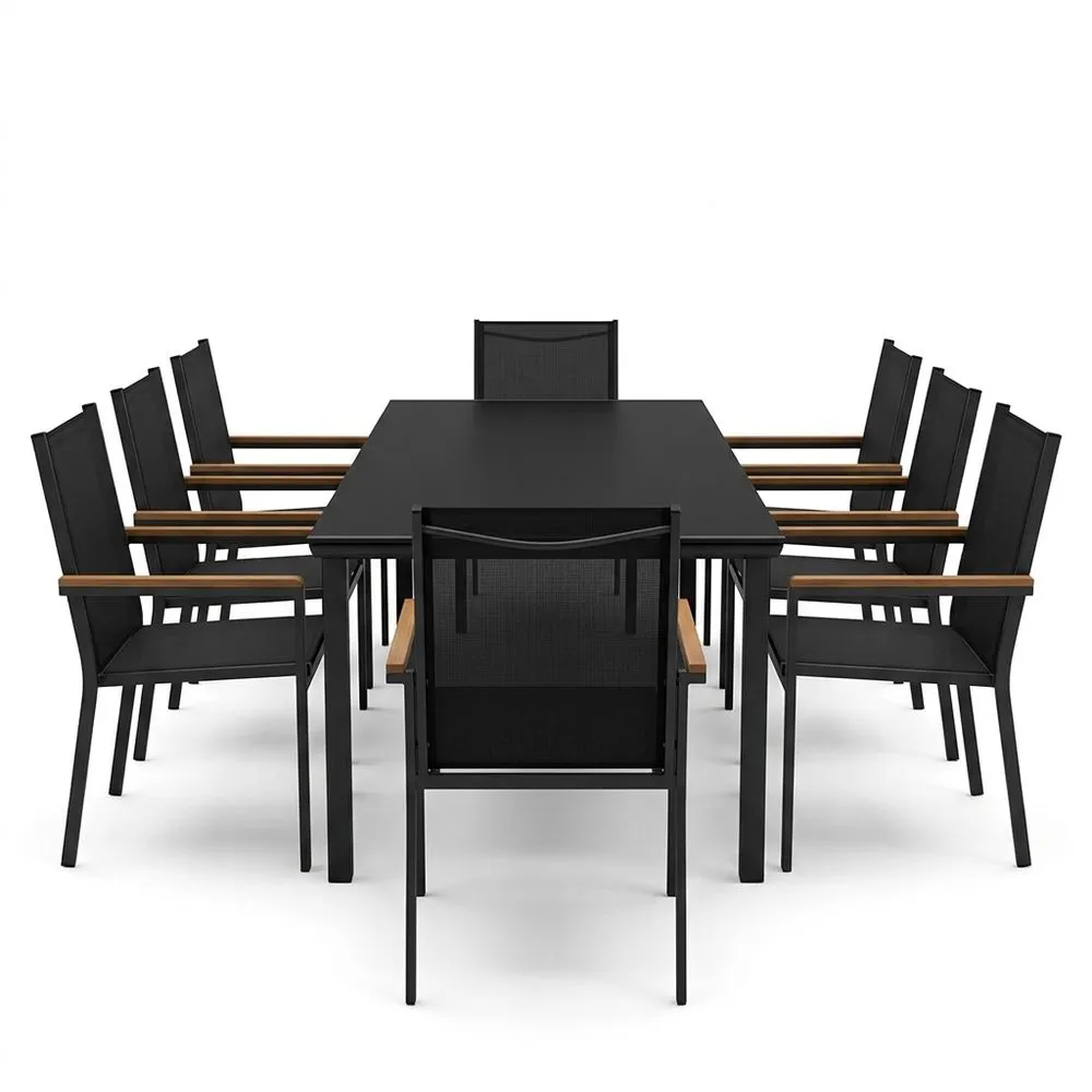 Conjunto de mesa de comedor de exterior para ocho personas, fabricado en aluminio negro y roble