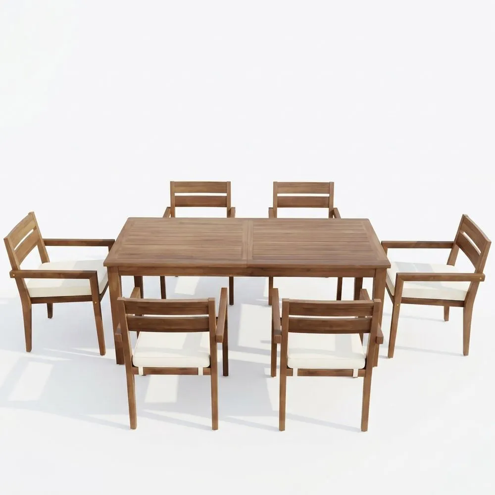 Conjunto de Comedor Exterior de Madera de Teca con 6 Sillas y Cojines Crema