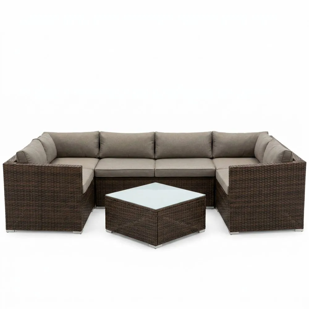 Conjunto de Sofá Esquinero de Ratán Sintético con Cojines Grises y Mesa de Centro de Vidrio