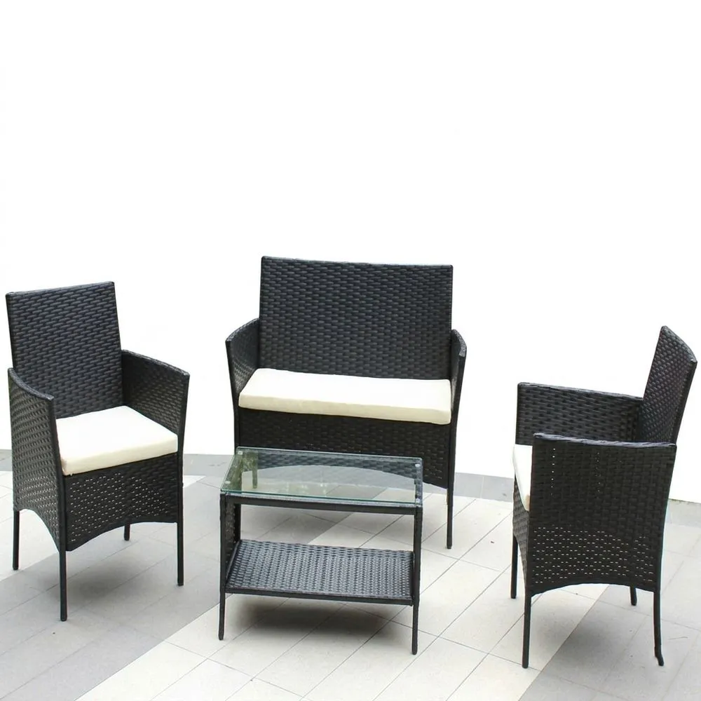Conjunto de Muebles de Jardín de Ratán Negro con Cojines Crema y Mesa de Cristal