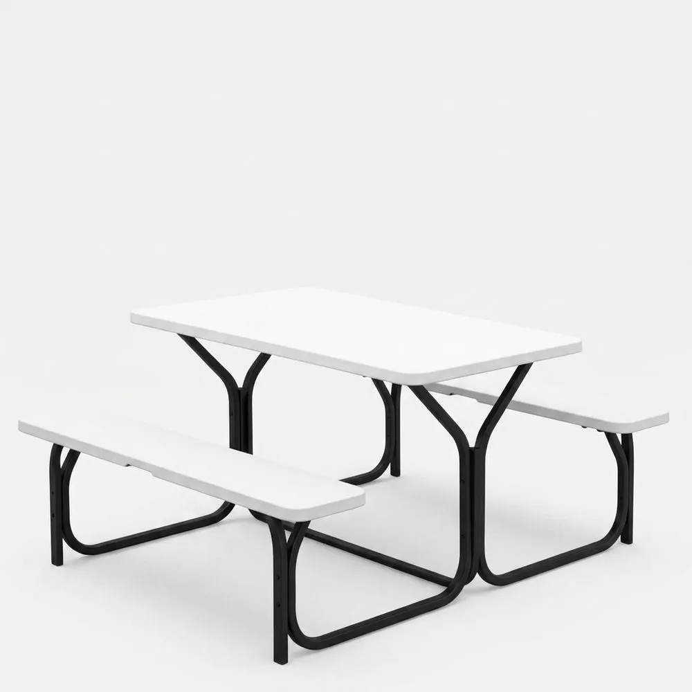 Mesa de picnic plástico HDPE blanco con bancos de acero