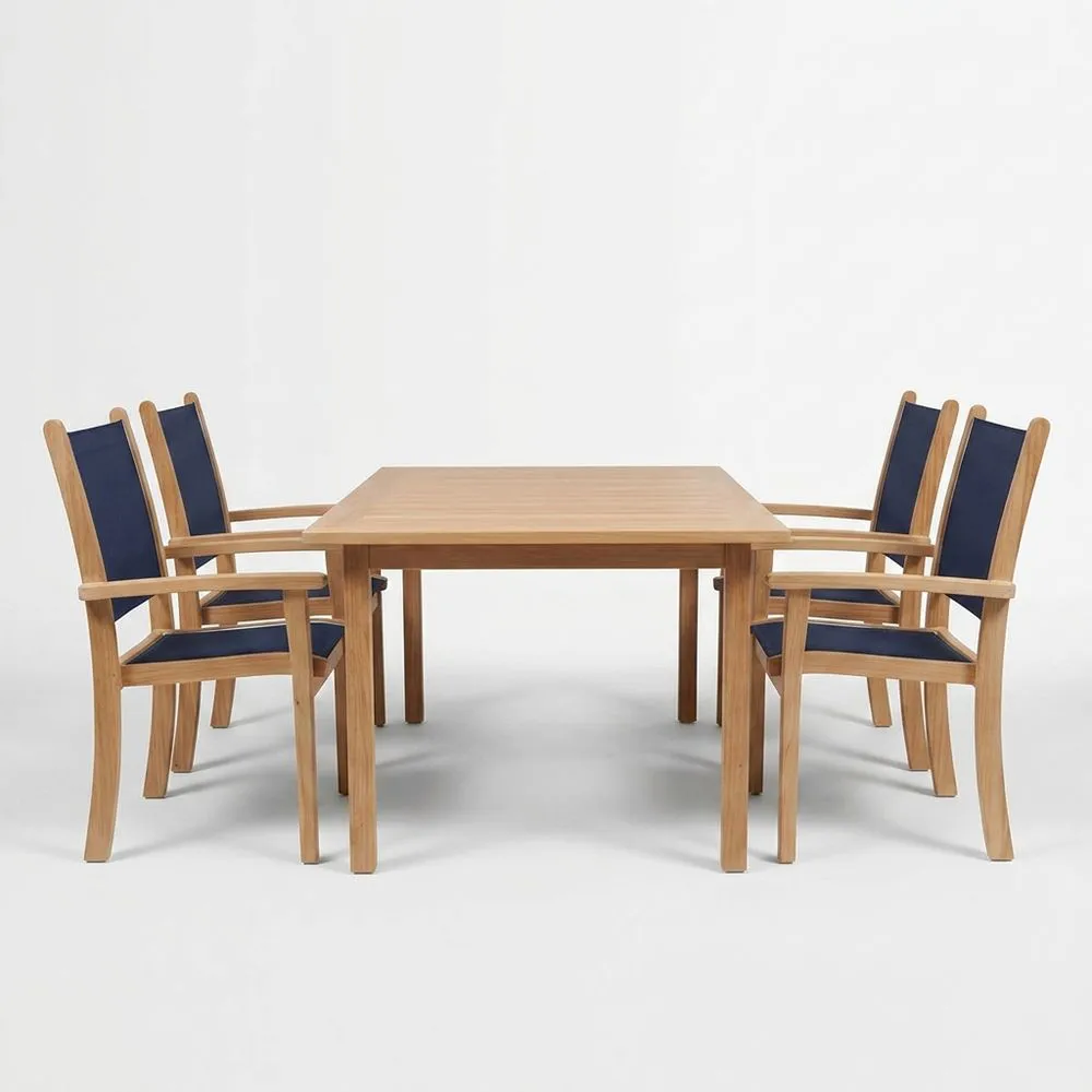 Conjunto de comedor exterior madera teca cojín azul 5 piezas 180 cm