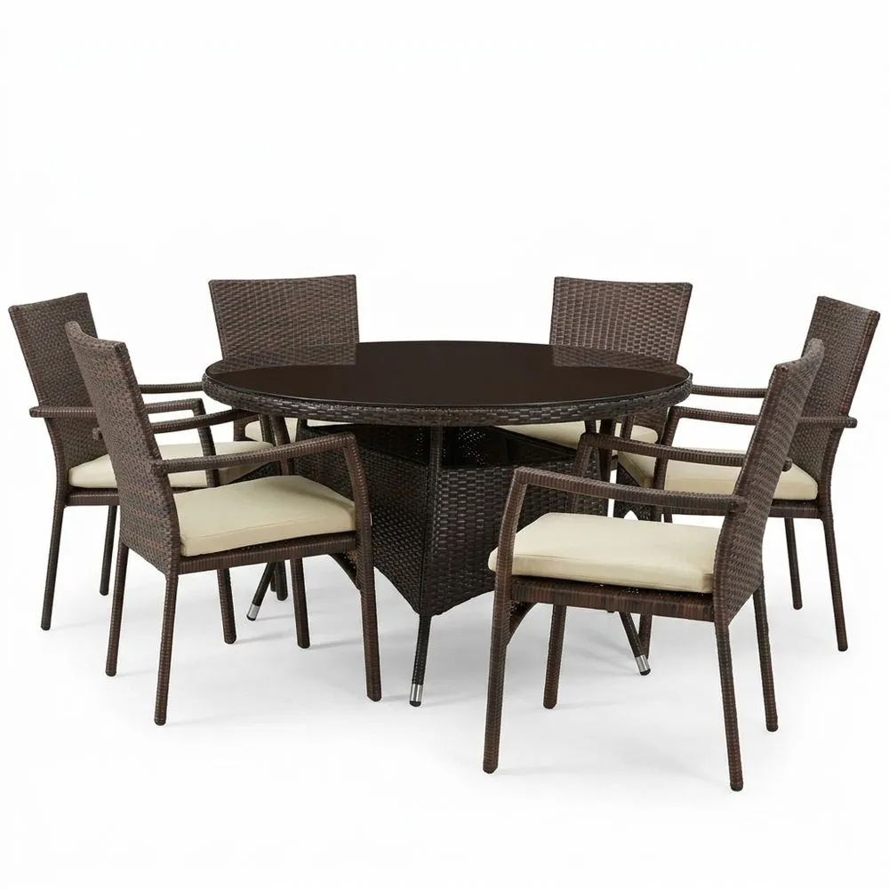 Conjunto de comedor exterior 6 sillas ratán sintético marrón vidrio templado