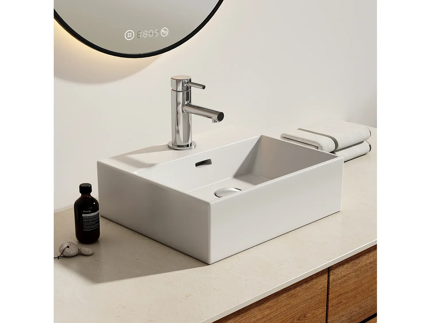 Rechteckiges Keramik-Aufsatzwaschbecken, 41,5x36x13 cm, mit Wasserhahnloch, Weiß glänzend