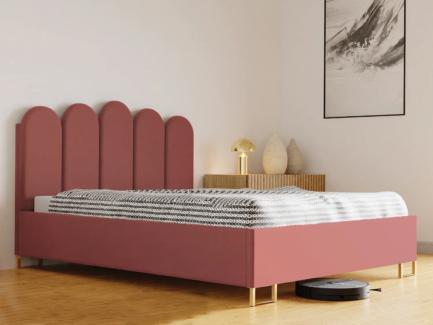 Gepolstertes Bett mit Kopfteil und Bettkasten, Rosa, 120x200 cm