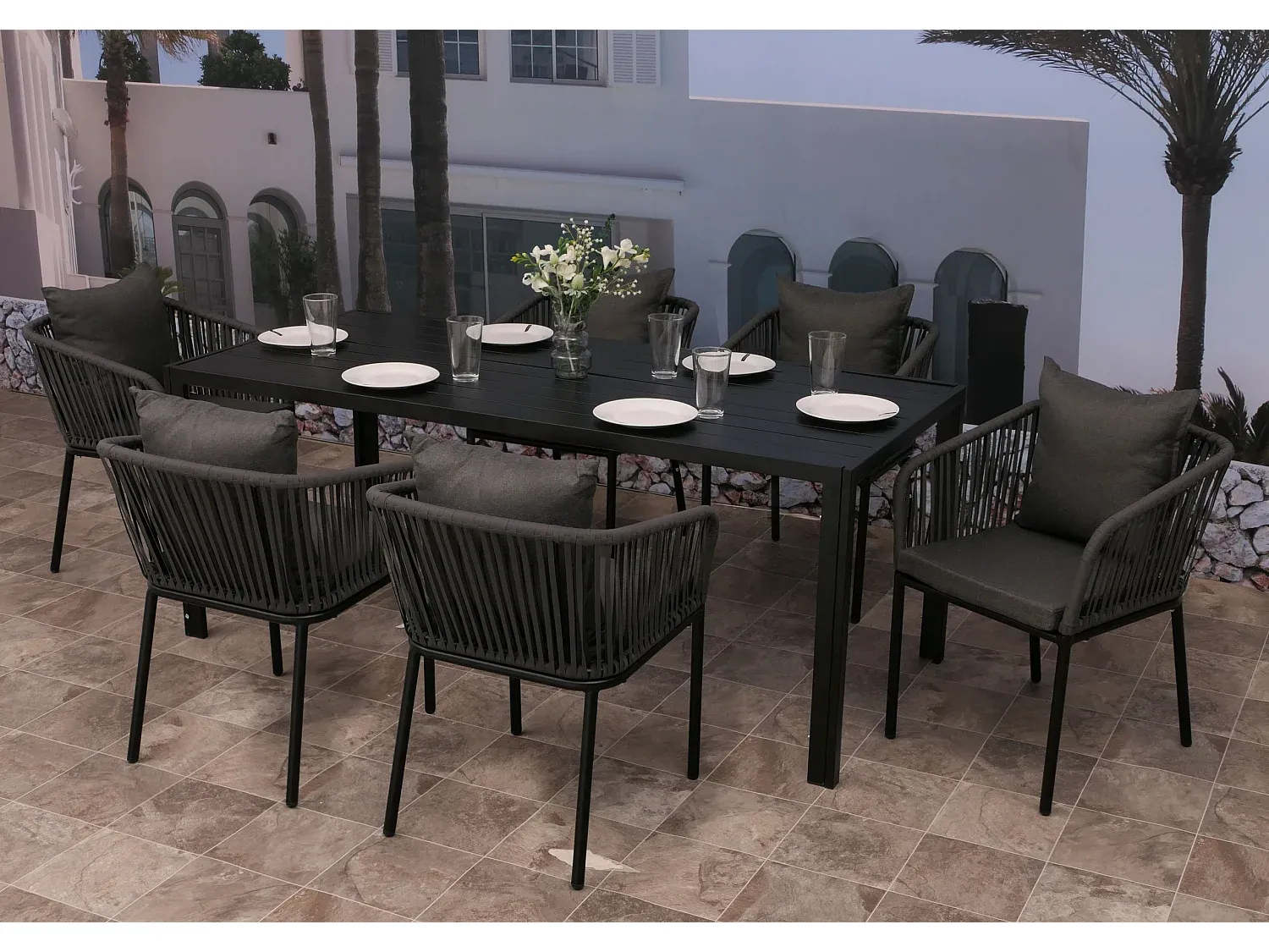 7-teilige Gartengarnitur, Anthrazit mit dunkelgrauen Kissen