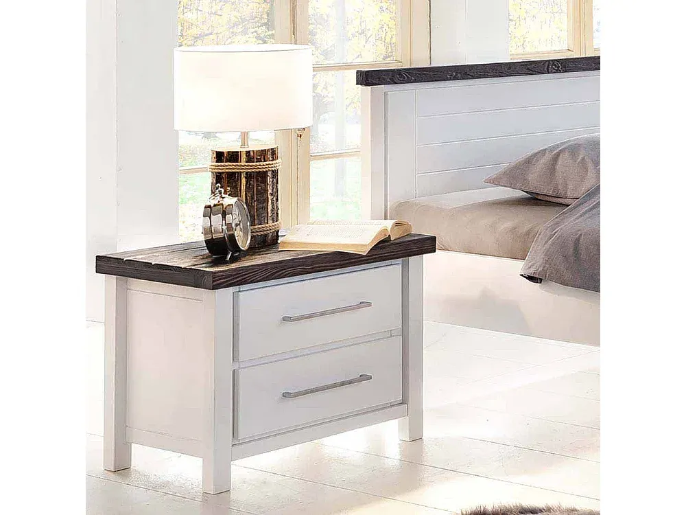 Massivholz Nachttisch in Weiß und Braun