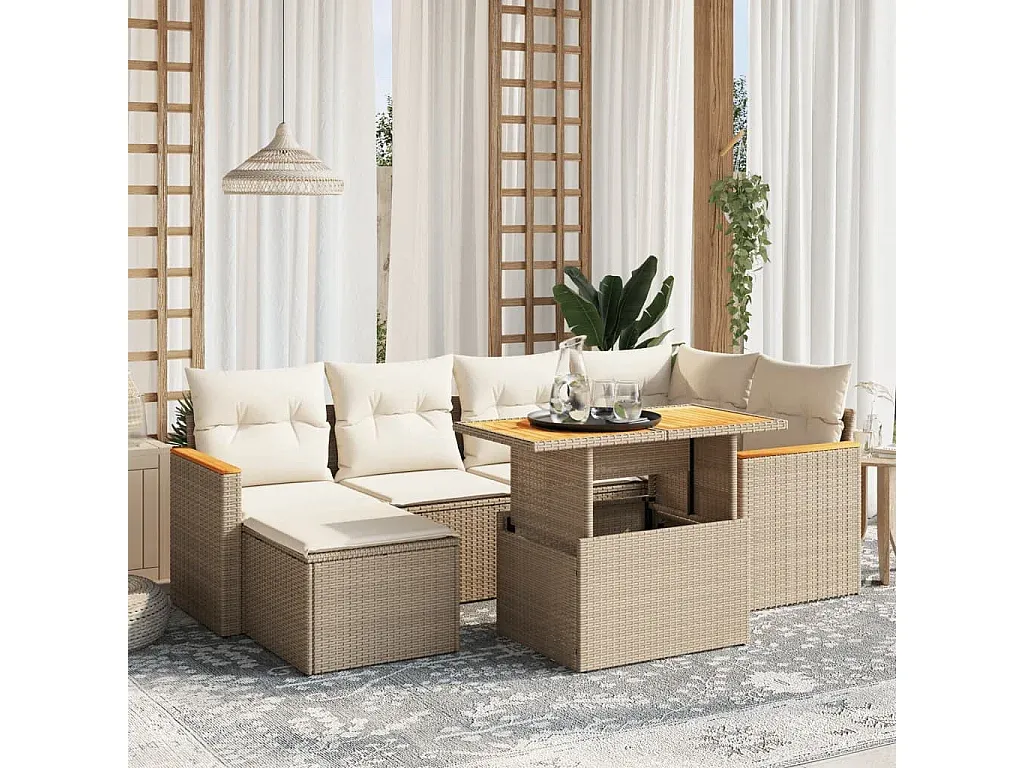 Bequeme Garten-Sofagarnitur mit Kissen aus Poly Rattan in Beige
