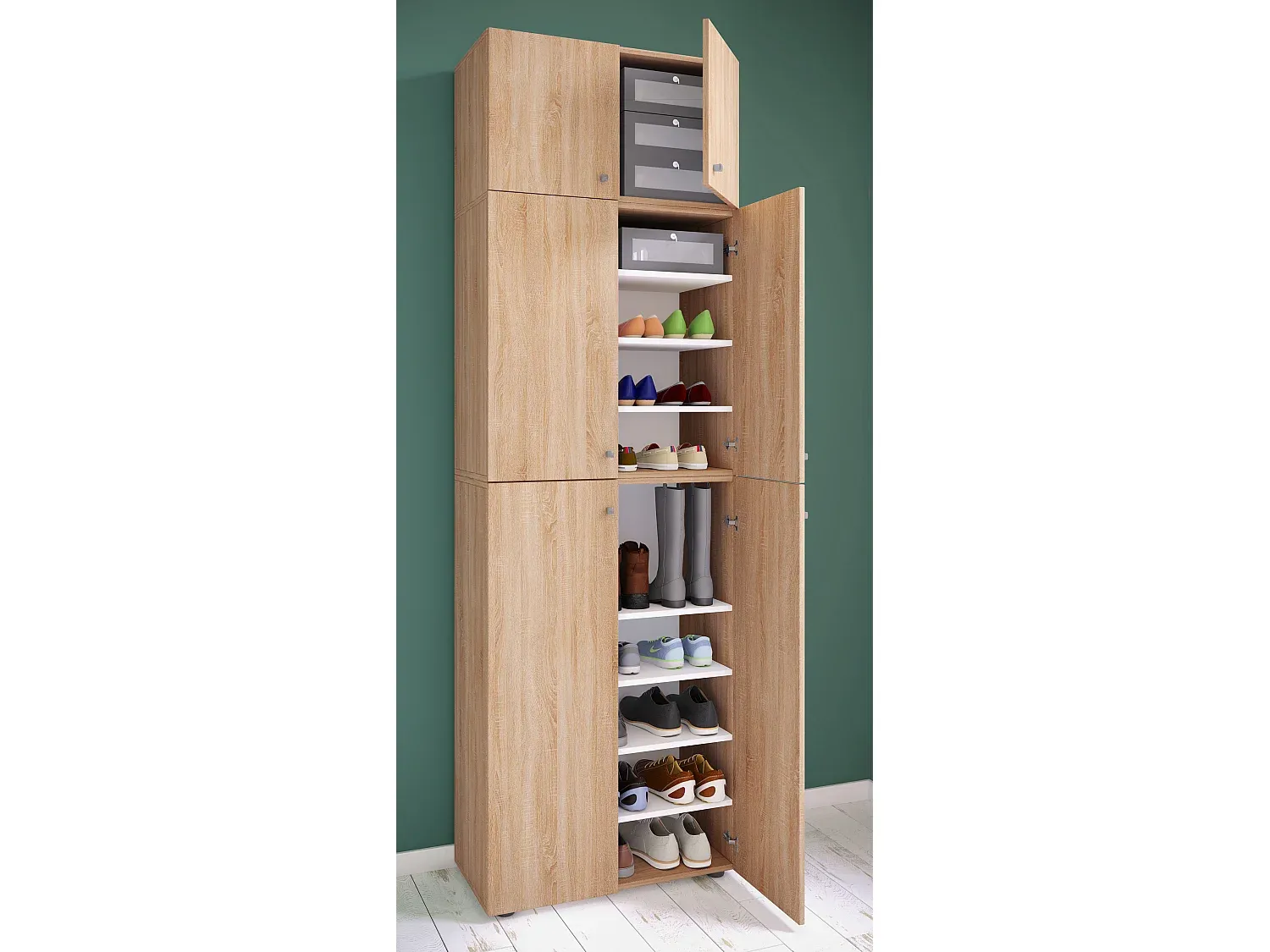 Großer Schuhschrank mit 6 Türen in Eichenoptik