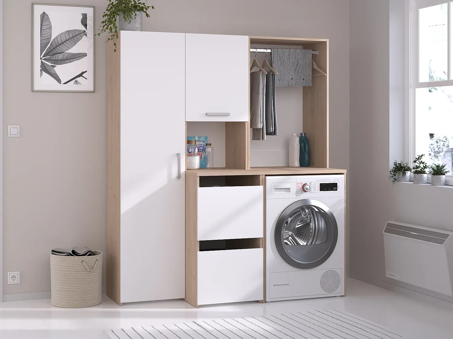 Waschmaschinenmöbel mit Kleiderstange und Stauraum