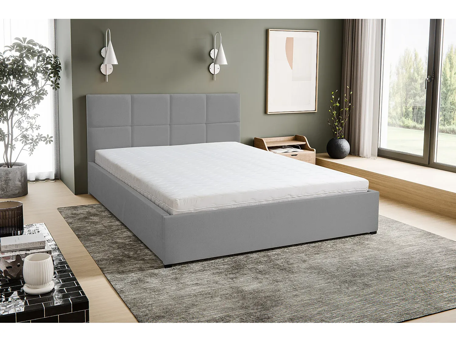 Polsterbett mit Kopfteil und Stauraum, 140 x 200 cm, aus Velours, Farbe: Grau