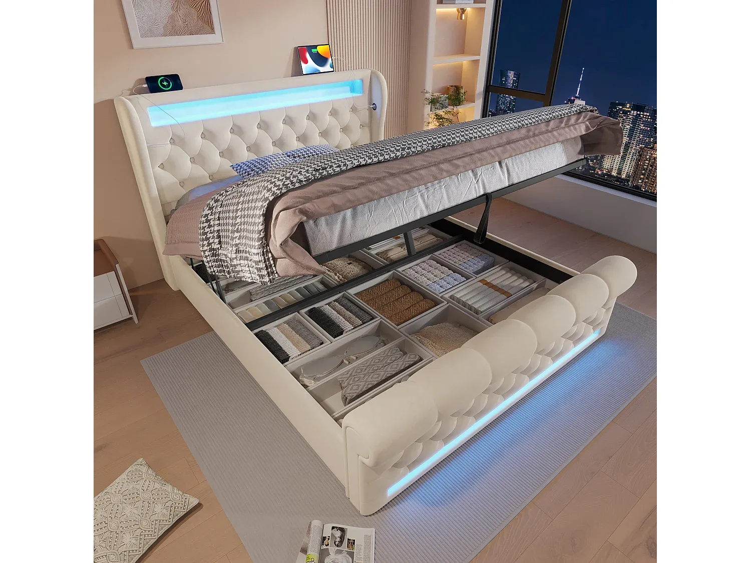 Doppelbett mit Stauraum und LED-Beleuchtung