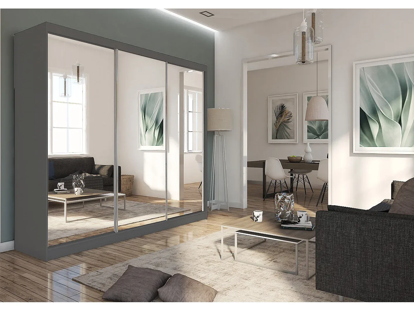 Großer Schwebetürenschrank mit Spiegel und 3 Türen, graphitfarben